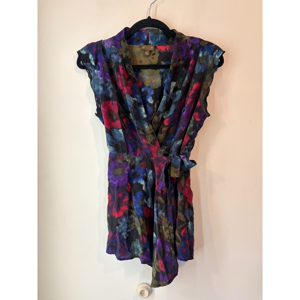 Anthropologie FEI‎ 100% Silk Wrap Blouse Tunic Top Size 4 Short Sleeve Floral